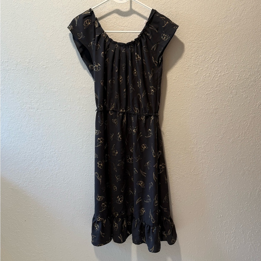 LC Lauren Conrad Black Midi Dress with Gold Pattern